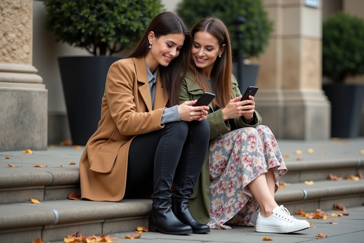 Deux femmes élégamment habillées consultent ensemble un blog mode sur smartphone, assises sur des marches en pierre dans une rue urbaine en automne