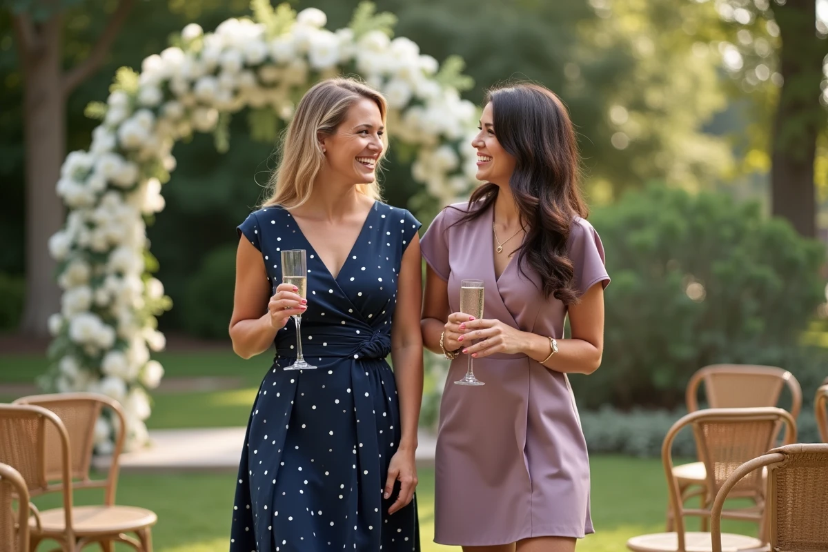 Deux invitées de mariage en robes cocktail courtes élégantes riant dans un jardin décoré pour un mariage