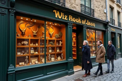 Devanture du cabinet de curiosités Djadjas à Lille, rue pavée du Vieux-Lille avec vitrine chargée d'objets insolites