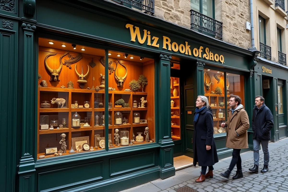 Devanture du cabinet de curiosités Djadjas à Lille, rue pavée du Vieux-Lille avec vitrine chargée d'objets insolites