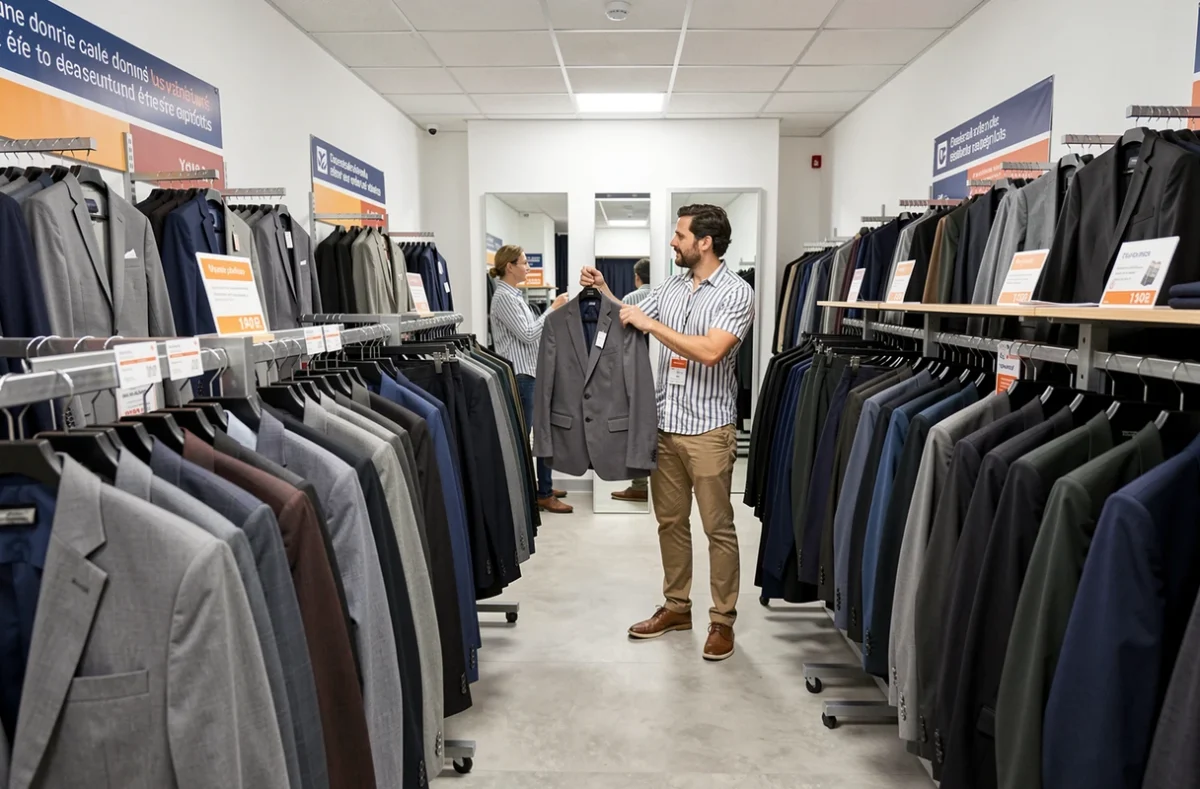 Rayon costumes pour homme abordables chez Devred à Tours avec un client essayant une veste devant un miroir