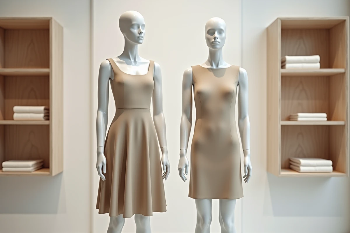 Deux mannequins côte à côte illustrant la différence visuelle entre une coupe trapèze évasée et une coupe rectangle droite dans un showroom moderne