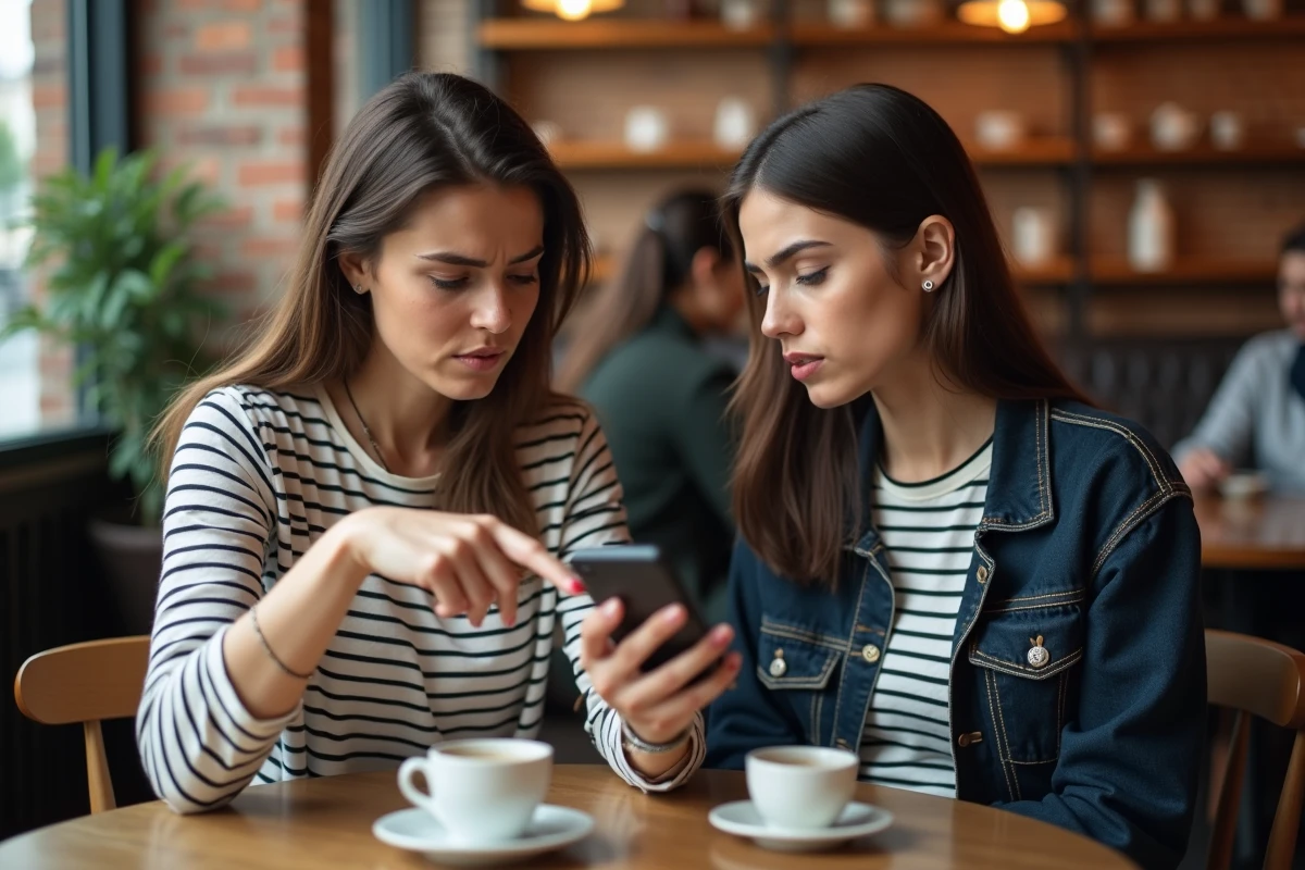 Deux femmes discutant des arnaques possibles lors de la vente de pieds dans un café urbain