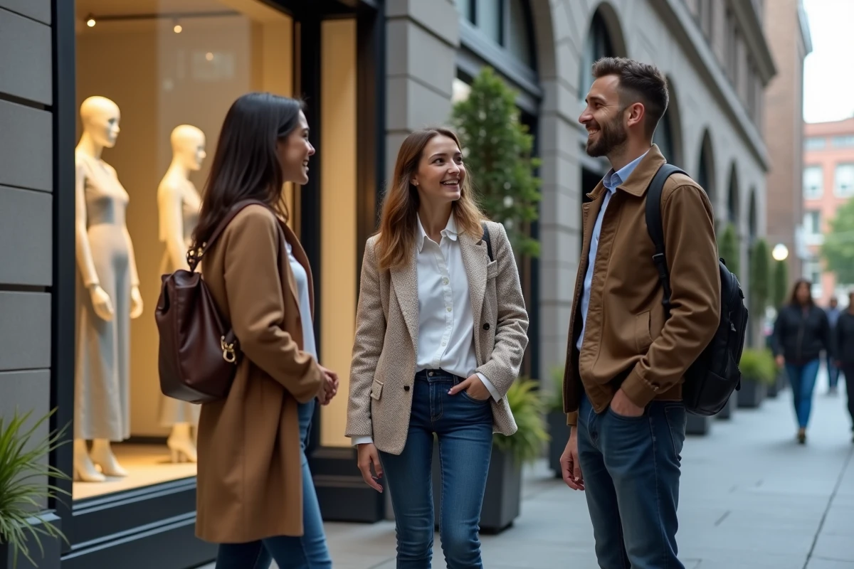 Groupe de jeunes discutant devant une boutique urbaine