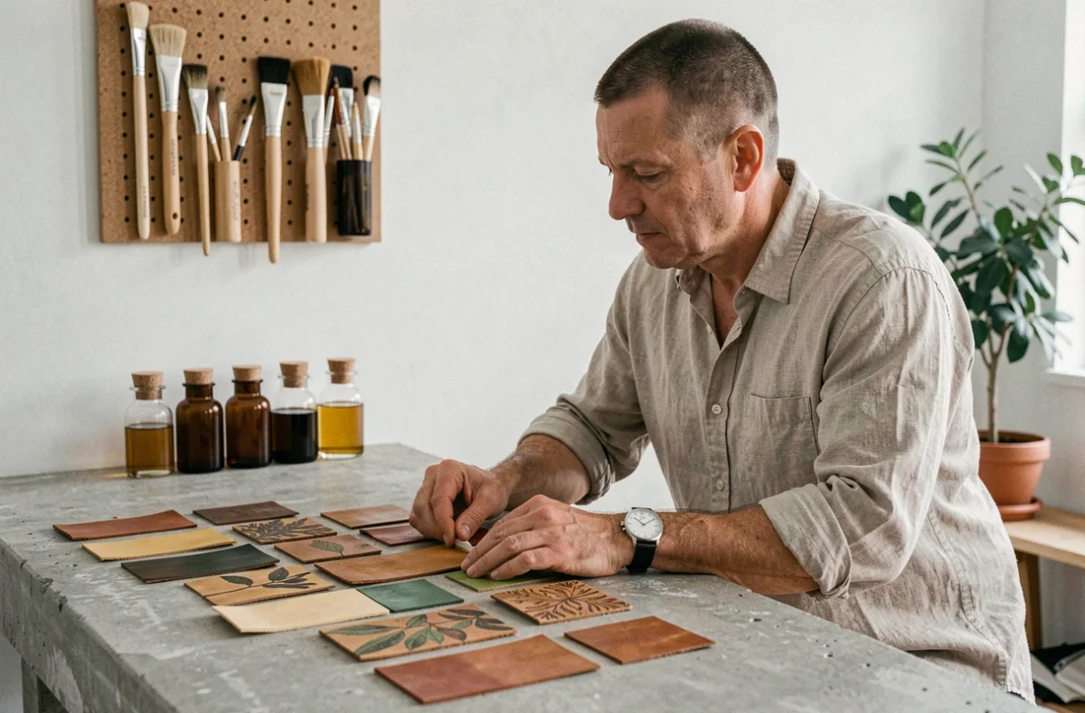 Artisan évaluant des échantillons de cuir peints avec des peintures non toxiques sur une surface en béton brut