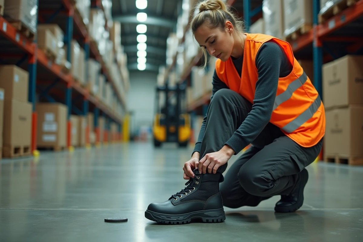 Femme en entrepôt utilisant un élargisseur pour chaussure de sécurité afin d'améliorer le confort