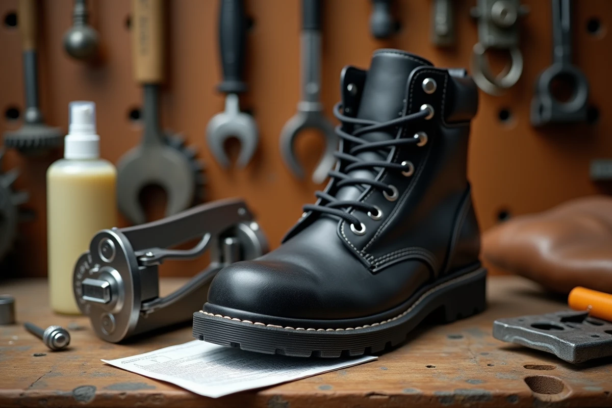 Chaussure de sécurité posée avec un élargisseur sur un établi, prête à être agrandie pour plus de confort