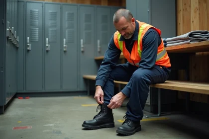Ouvrier en train de lacer sa chaussure de sécurité dans un vestiaire industriel pour plus de confort