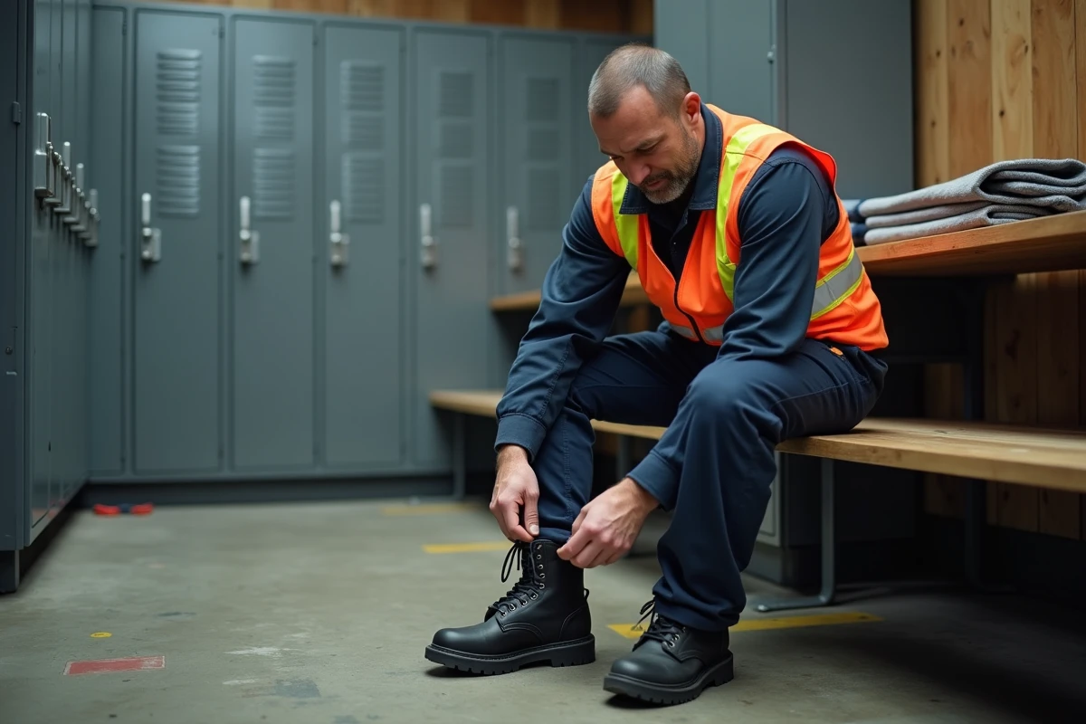 Ouvrier en train de lacer sa chaussure de sécurité dans un vestiaire industriel pour plus de confort