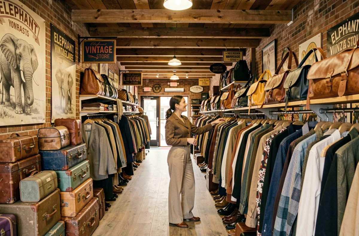 Le vaste espace de l'Elephant Vintage Store à Lyon avec une cliente qui explore un portant de sacs en cuir parmi une sélection éclectique de vêtements et d'accessoires