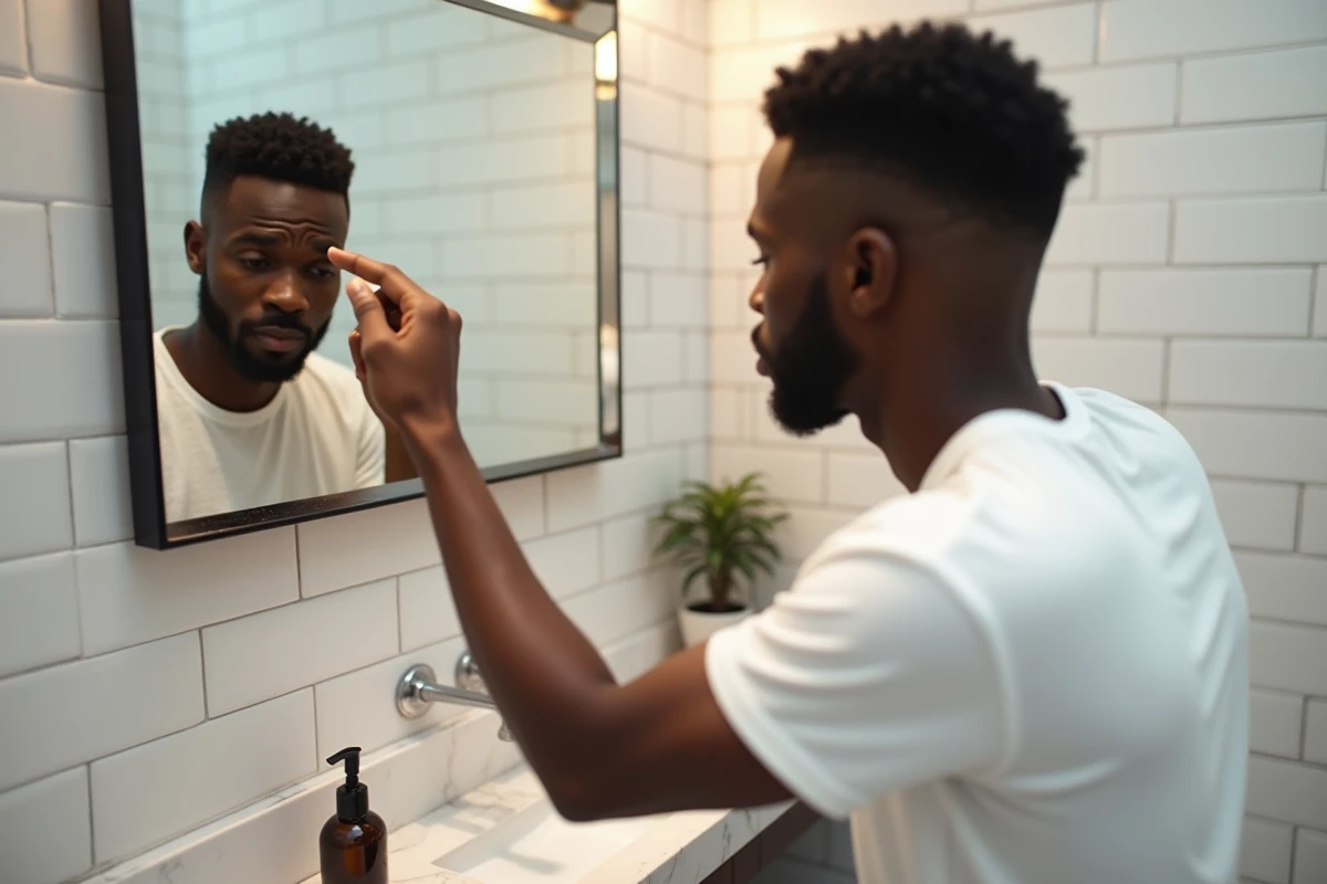 Homme aux cheveux afro inspectant son taper bas dans un miroir de salle de bain