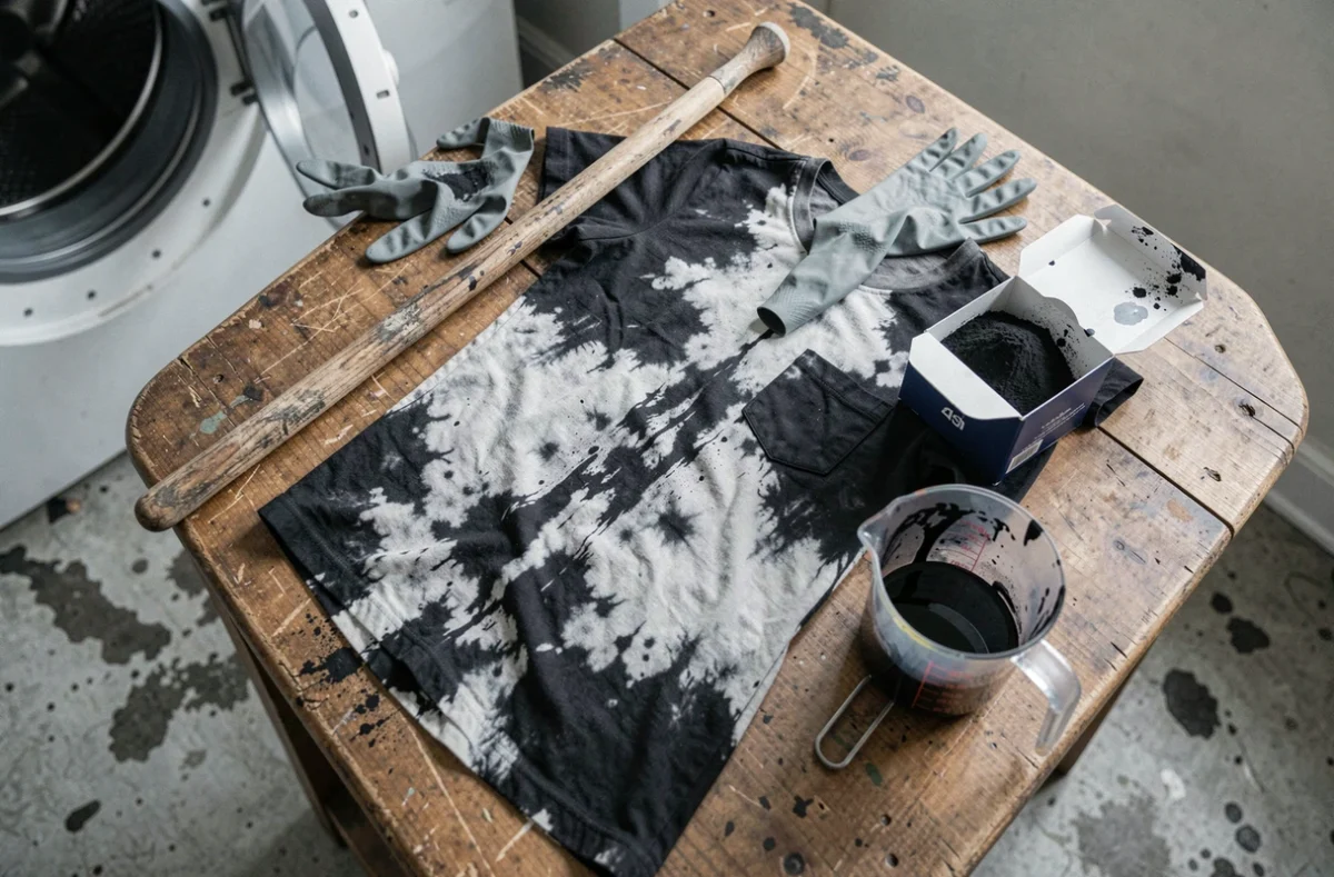 Vue en plongée des outils de teinture noire avec un vêtement mal teint présentant des taches irrégulières sur une table en bois
