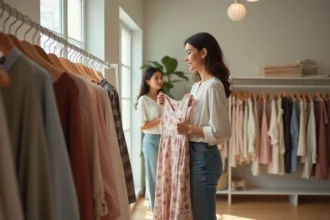 Femme essayant une robe fleurie devant un miroir dans une boutique de vêtements