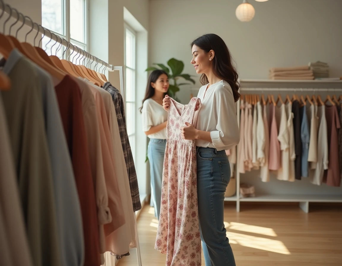 Femme essayant une robe fleurie devant un miroir dans une boutique de vêtements