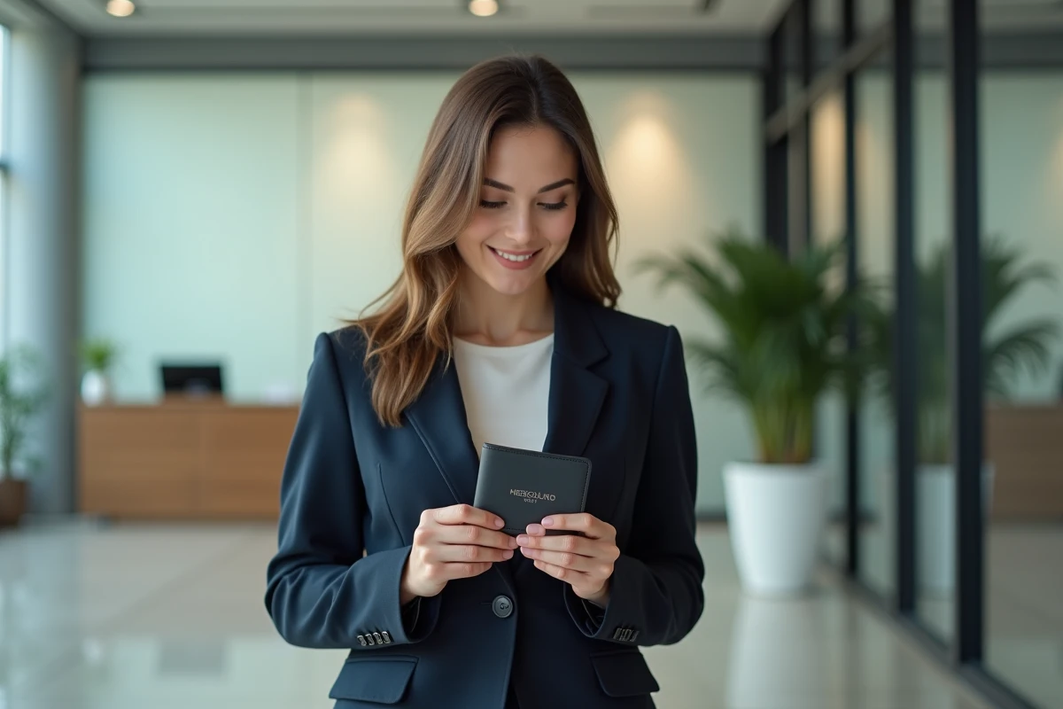 Femme d'affaires tenant un porte-monnaie personnalisé avec logo d'entreprise dans un lobby de bureau moderne, exprimant satisfaction et professionnalisme