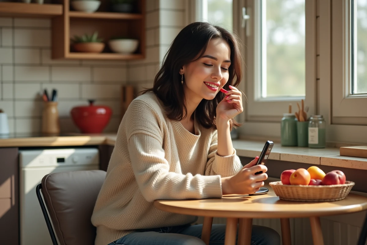 Femme appliquant du rouge à lèvres dans la cuisine lumineuse