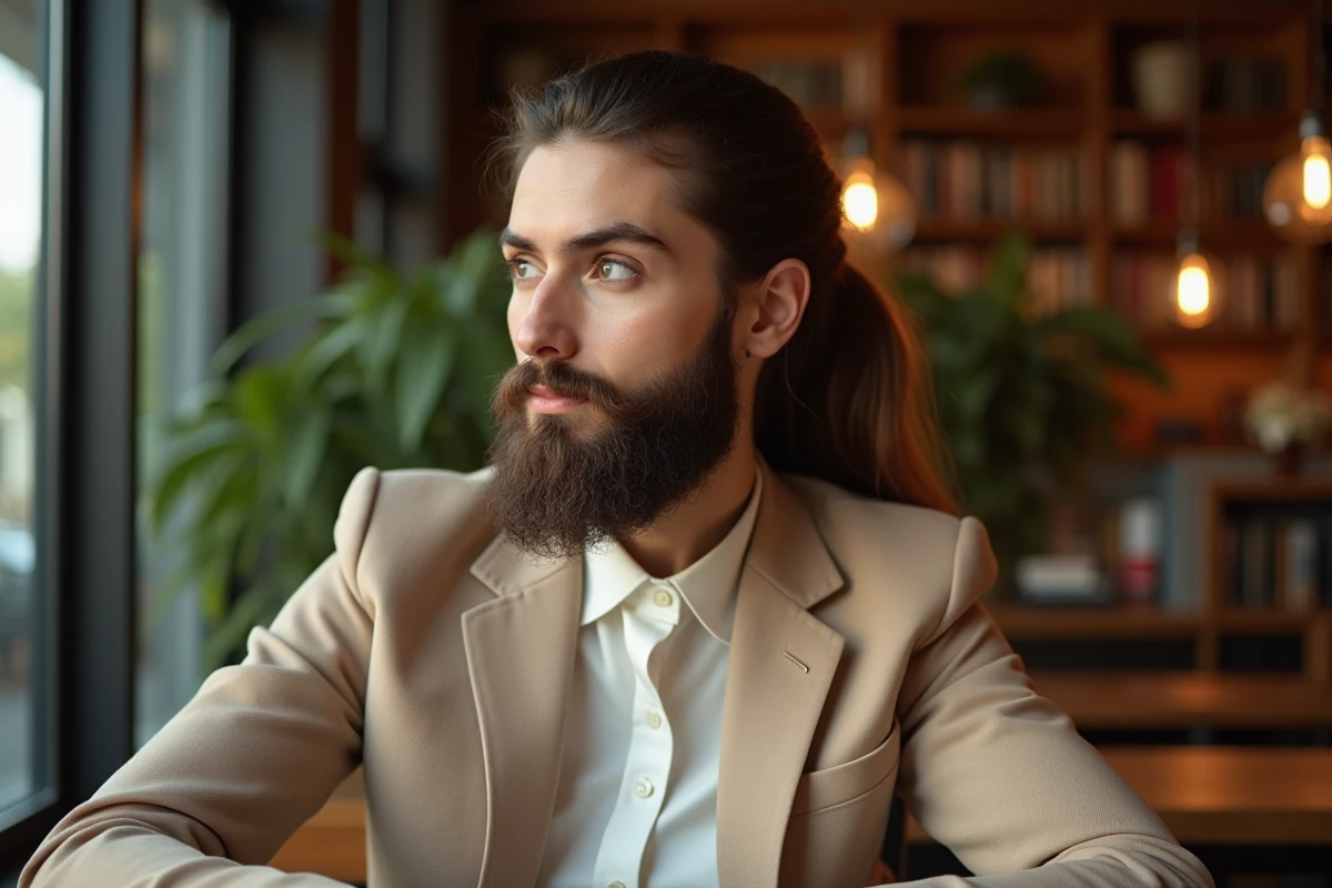 Femme confiante avec barbe dans un café élégant