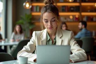 Jeune femme consultant un blog mode sur un ordinateur portable dans un café parisien, vêtue d'un blazer en lin crème et d'un chemisier vert sauge