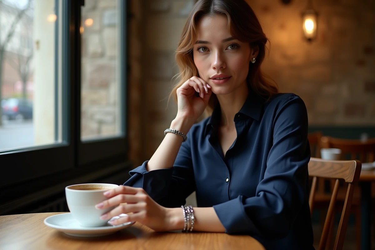 Femme élégante portant un bracelet TRESOR en argent massif dans un café parisien, tenue marine et détail du bijou