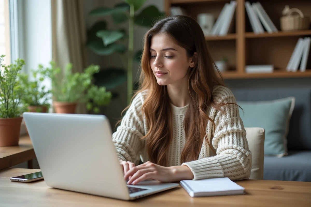 Jeune femme au bureau avec ordinateur portable et plantes