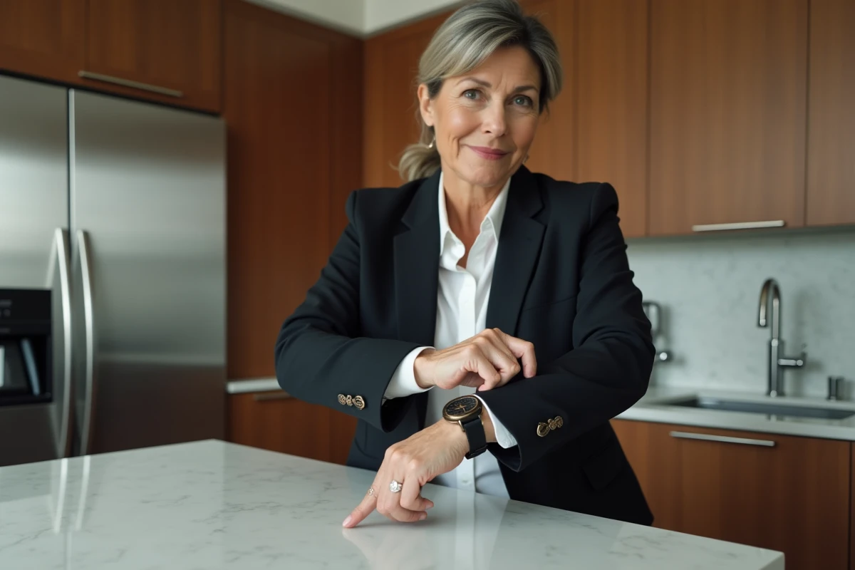 Femme d'affaires ajustant sa montre classique sur son poignet