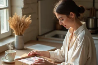 Femme déballant un cadeau personnalisé avec monogramme dans un appartement français chaleureux et cosy