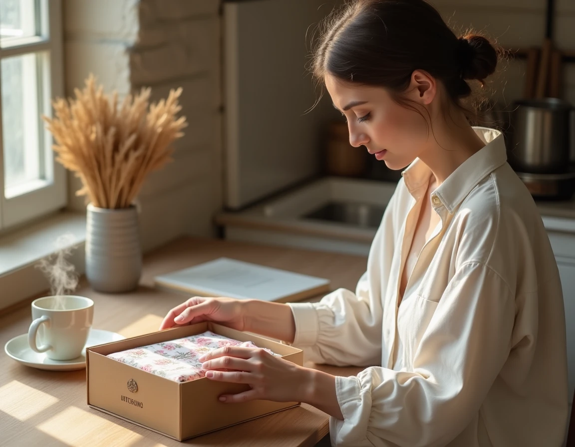 Femme déballant un cadeau personnalisé avec monogramme dans un appartement français chaleureux et cosy
