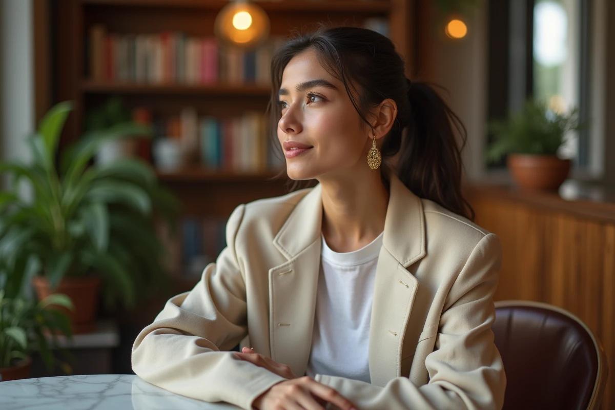 Femme assise dans un café intérieur cosy