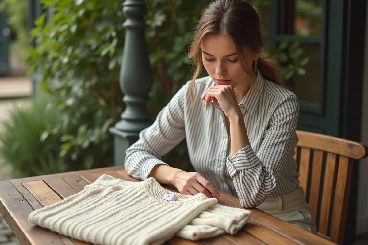 Jeune femme examinant un pull dans un café jardin en plein air