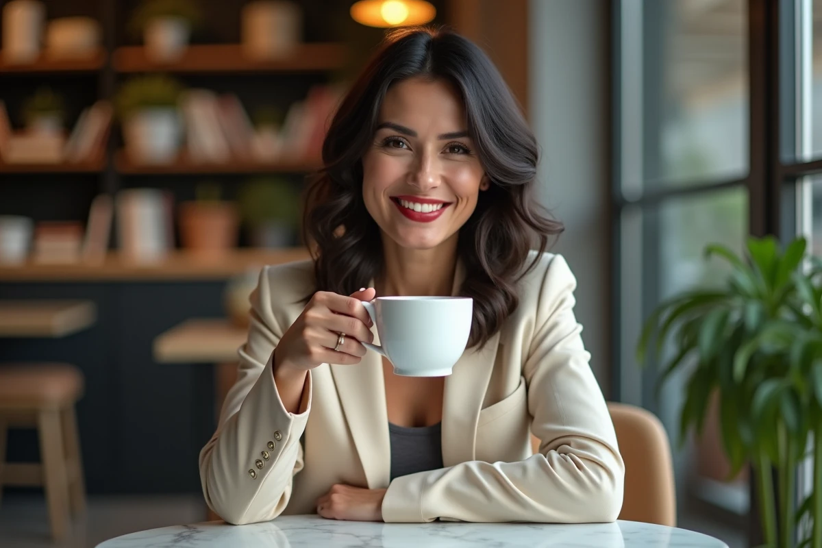 Femme souriante avec rouge à lèvres dans un café moderne