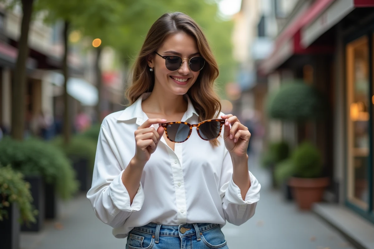 Femme élégante choisissant ses lunettes en ville