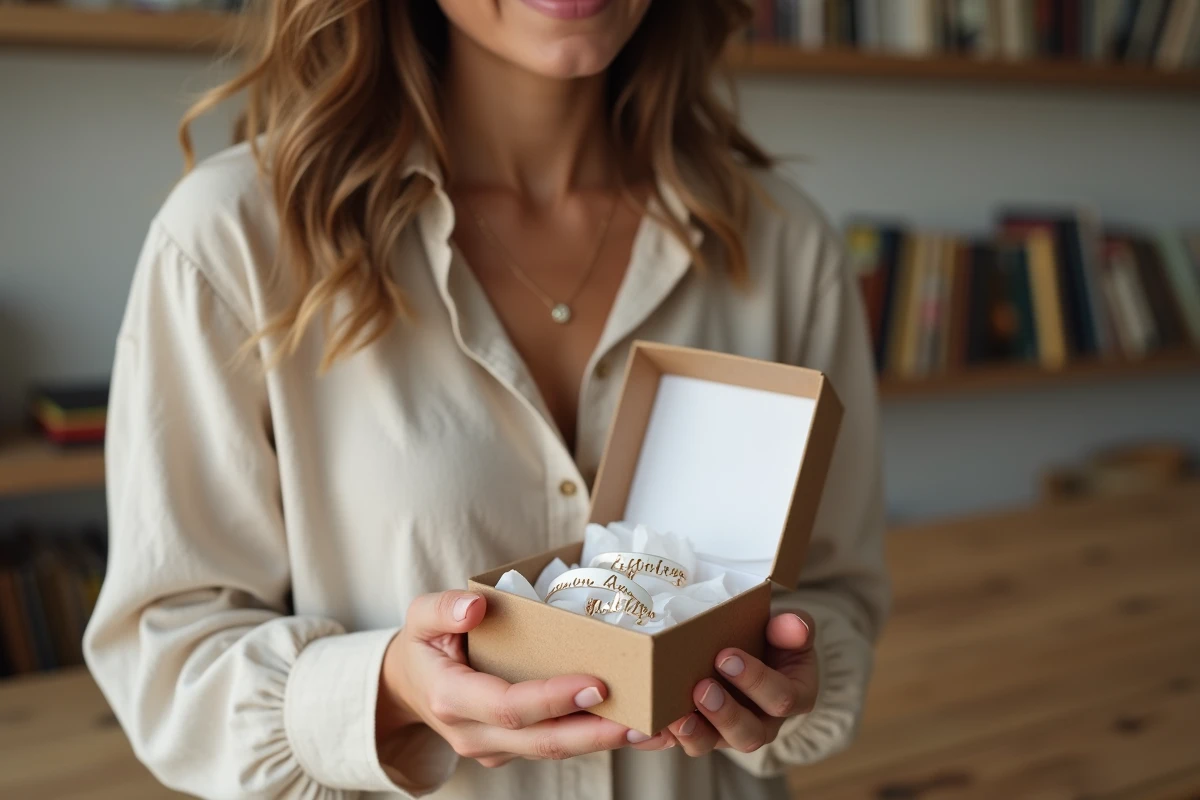 Jeune femme tenant un coffret cadeau avec des bracelets prénom personnalisés en bracelet doré, ambiance cadeau élégant