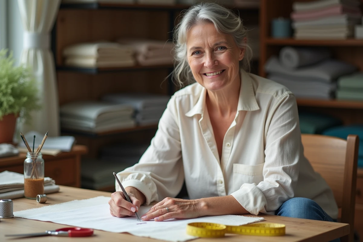Femme cousant à la main dans un atelier lumineux