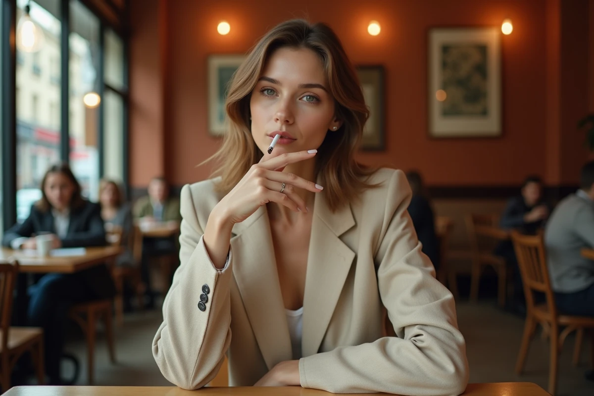 Jeune femme élégante tenant une cigarette Vogue non allumée dans un café parisien, illustrant l'aspect lifestyle et esthétique de la marque