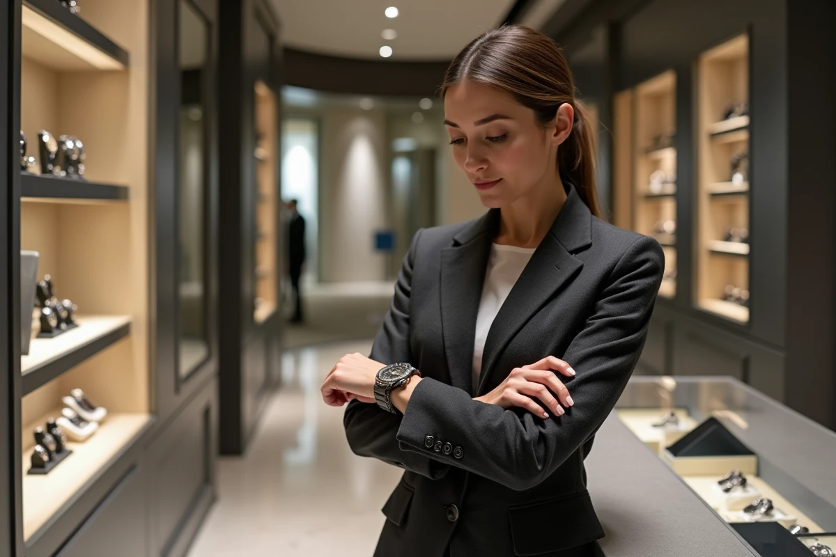Femme élégante essayant une montre de luxe rare dans une boutique horlogère haut de gamme aux vitrines sophistiquées