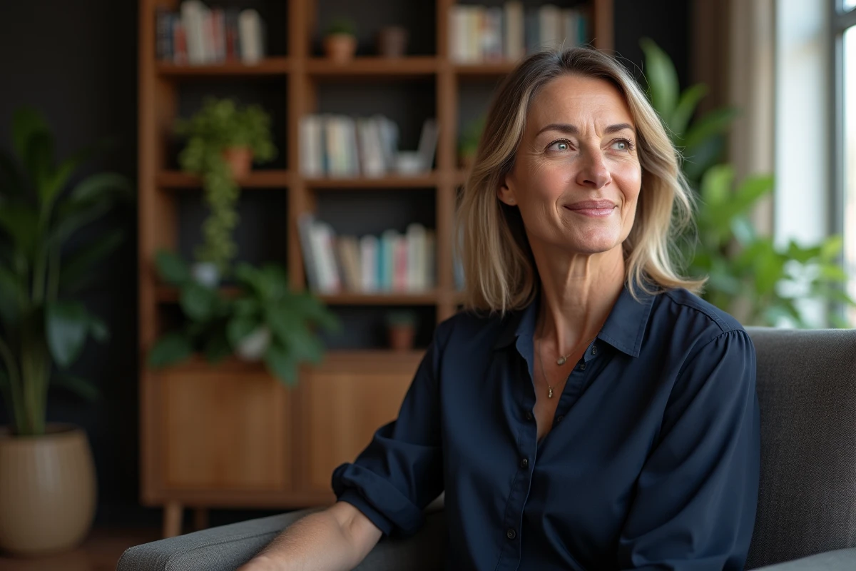 Femme élégante de 50 ans dans un salon cosy