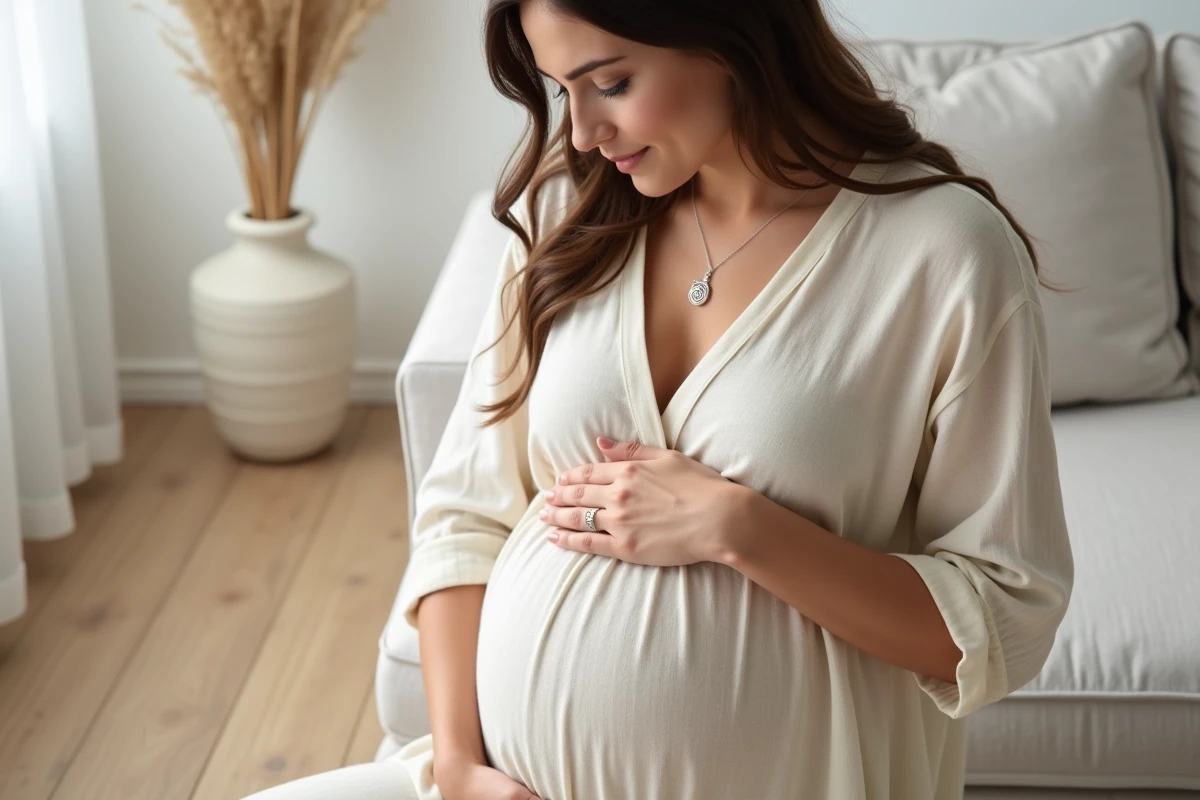 Femme enceinte tenant délicatement un bola de grossesse en argent devant son ventre arrondi dans un intérieur scandinave lumineux
