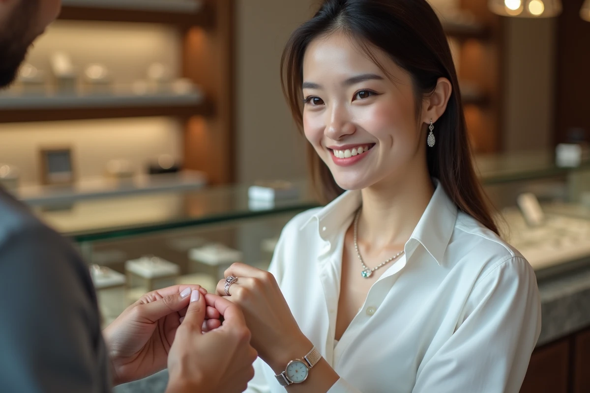 Jeune femme souriante essayant une bague dans une bijouterie élégante