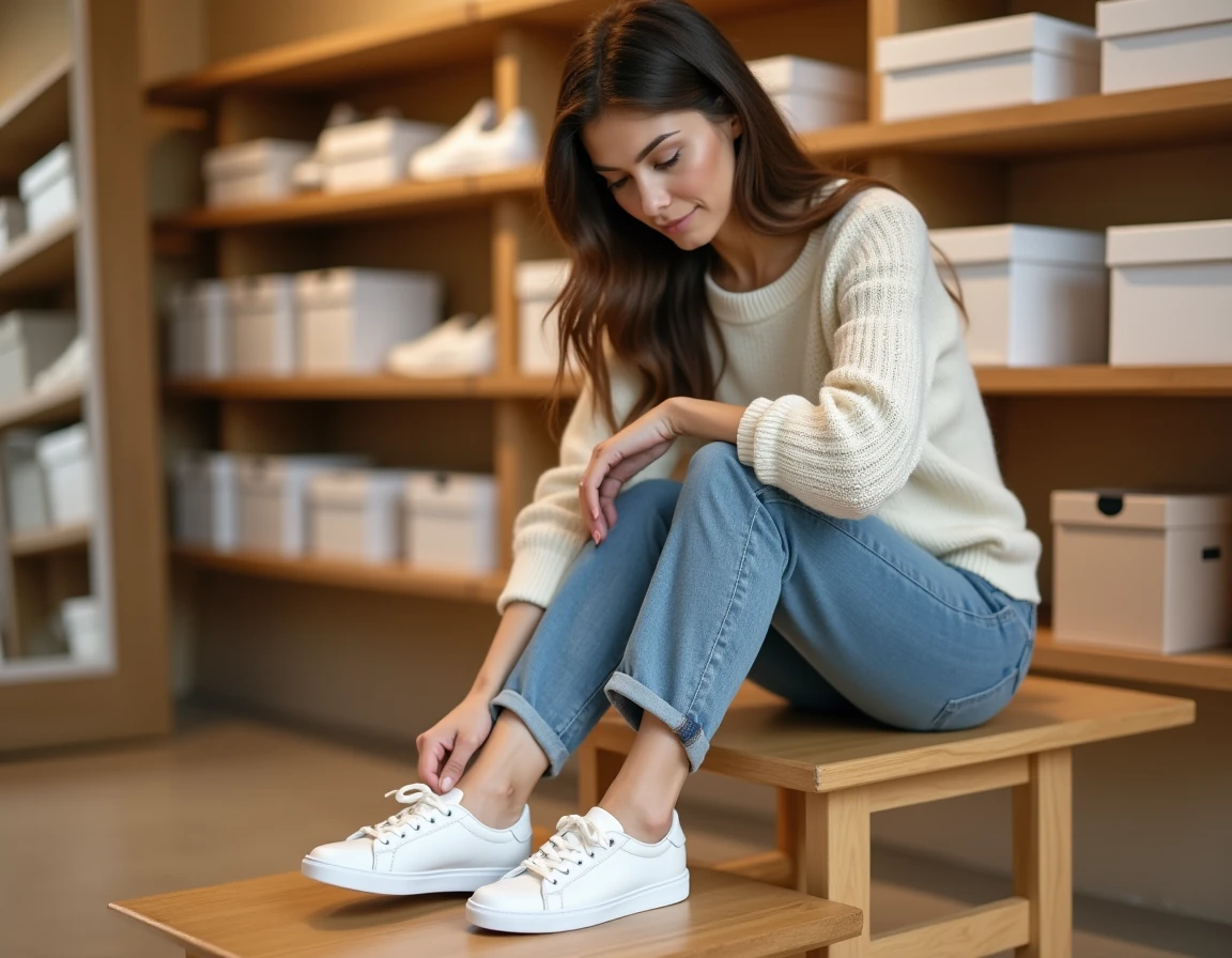 Femme essayant des chaussures en magasin pour vérifier la bonne pointure