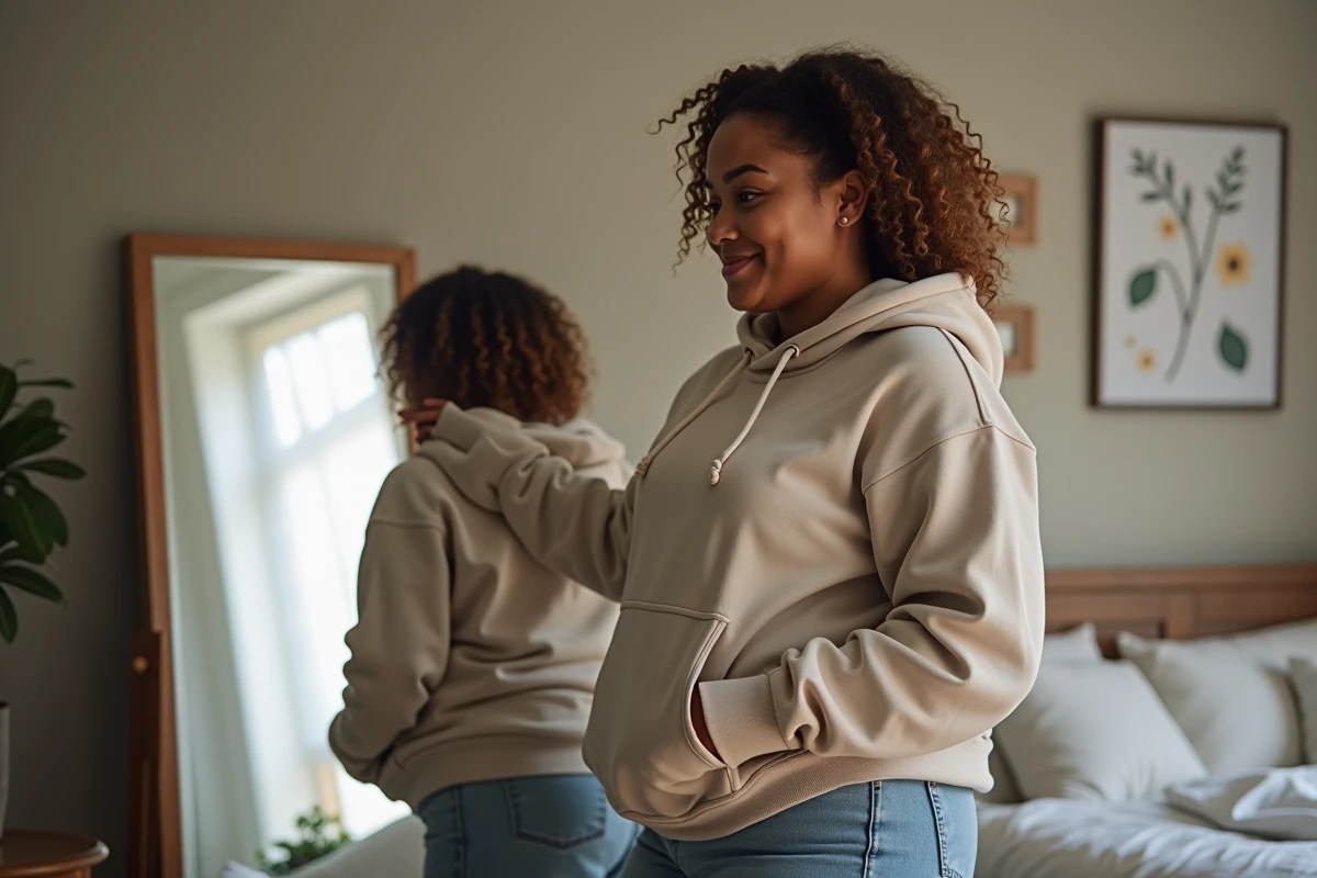 Femme ronde essayant deux hoodies dans une chambre cosy