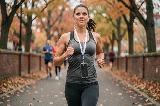 Femme qui court en ville avec une chaîne de téléphone sport portée en bandoulière lors d'un jogging en parc automnal