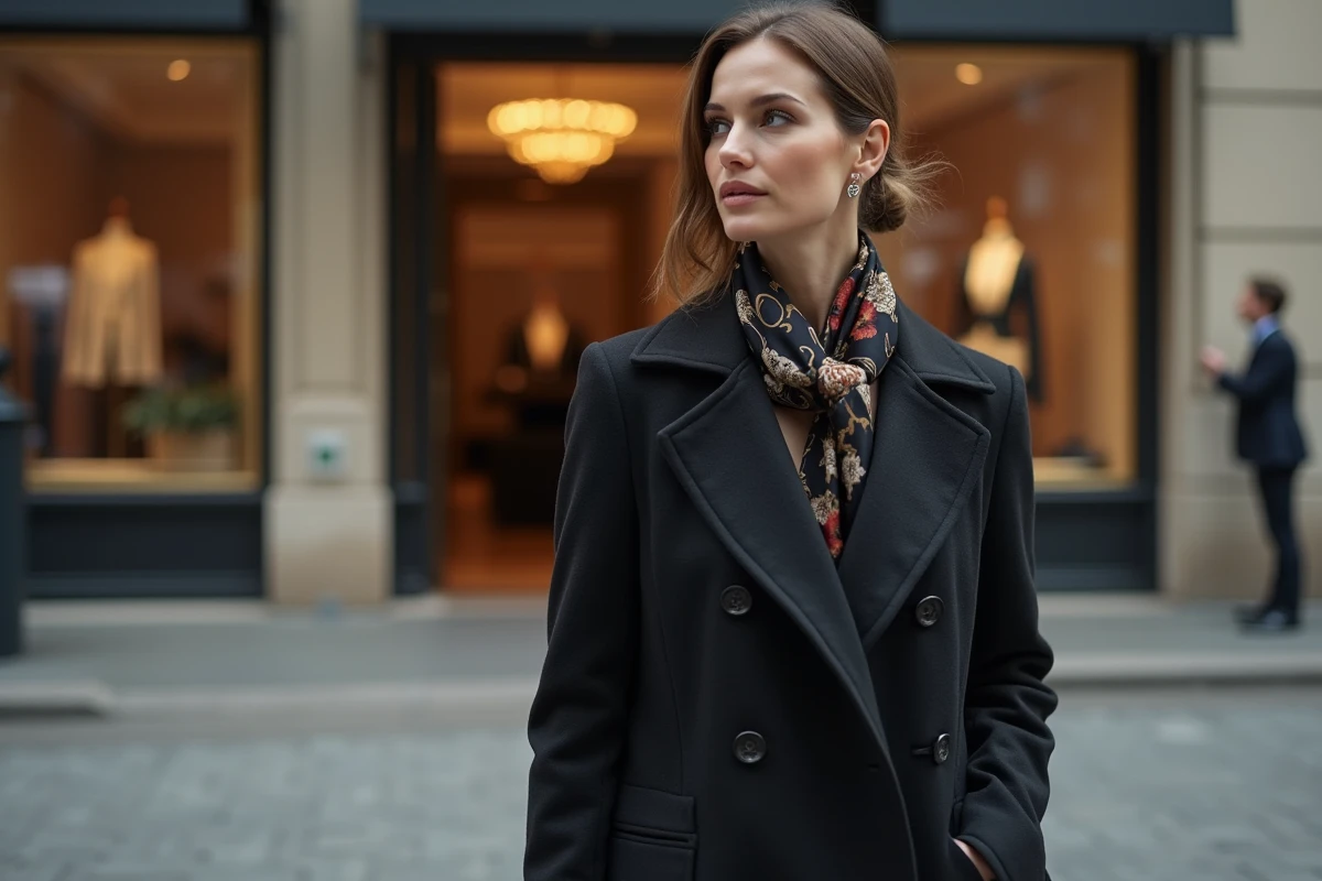 Femme élégante marchant devant une boutique de luxe en ville