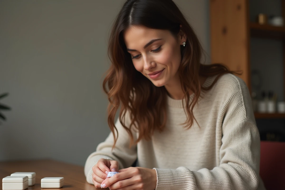 Femme mesurant une bague avec un mètre ruban dans un intérieur chaleureux