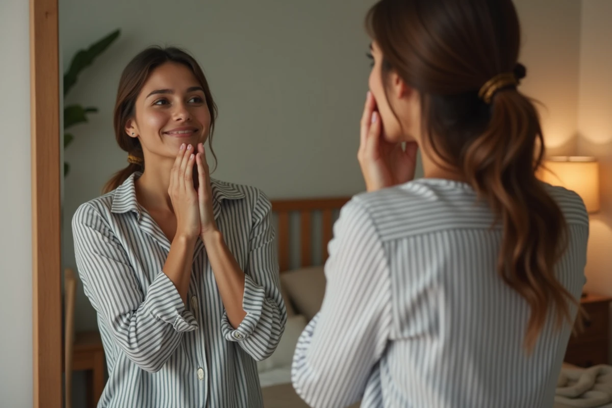 Femme dans sa chambre regardant son reflet dans le miroir