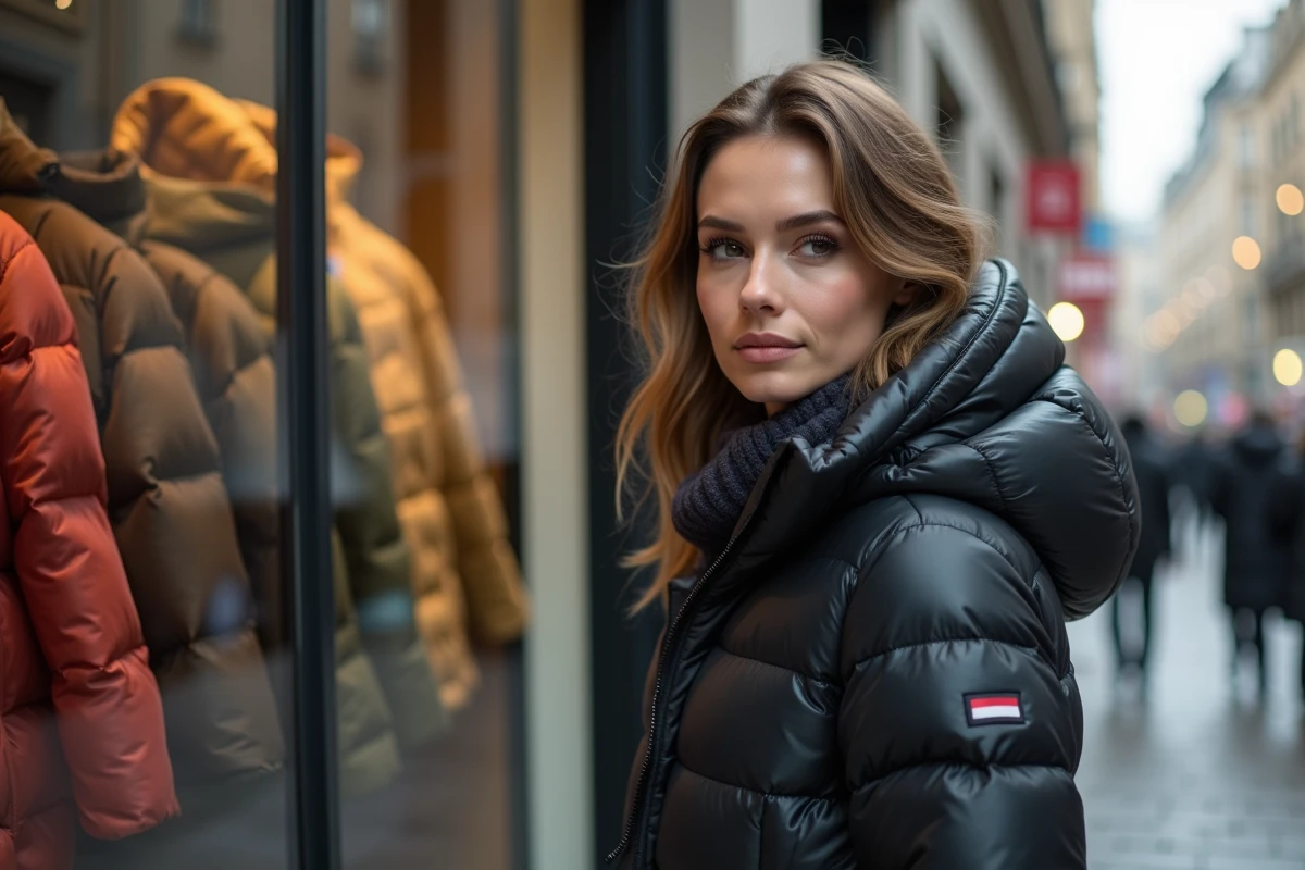 Femme élégante en manteau doudoune dans la ville