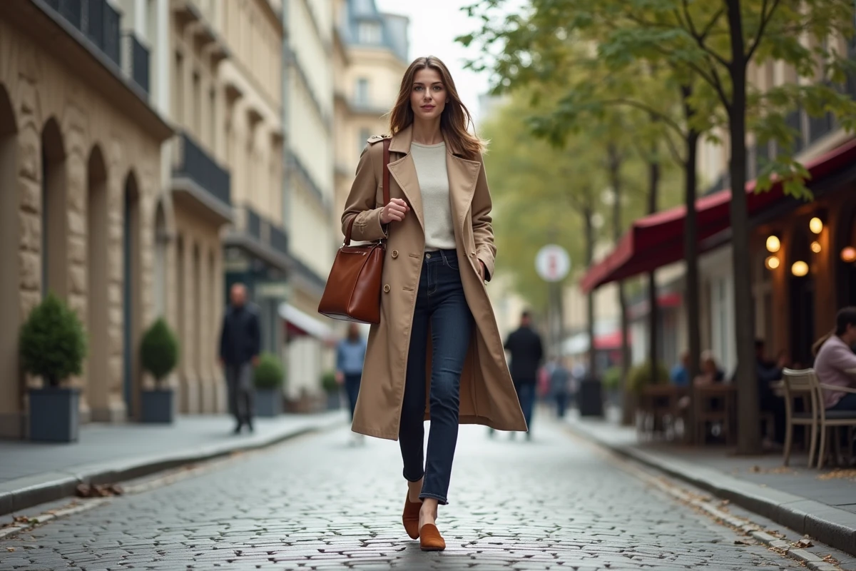 Femme élégante marchant dans une rue parisienne
