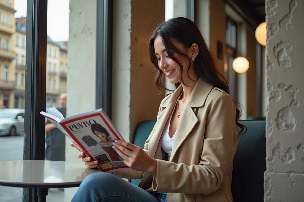 Jeune femme en trench beige feuilletant un magazine mode