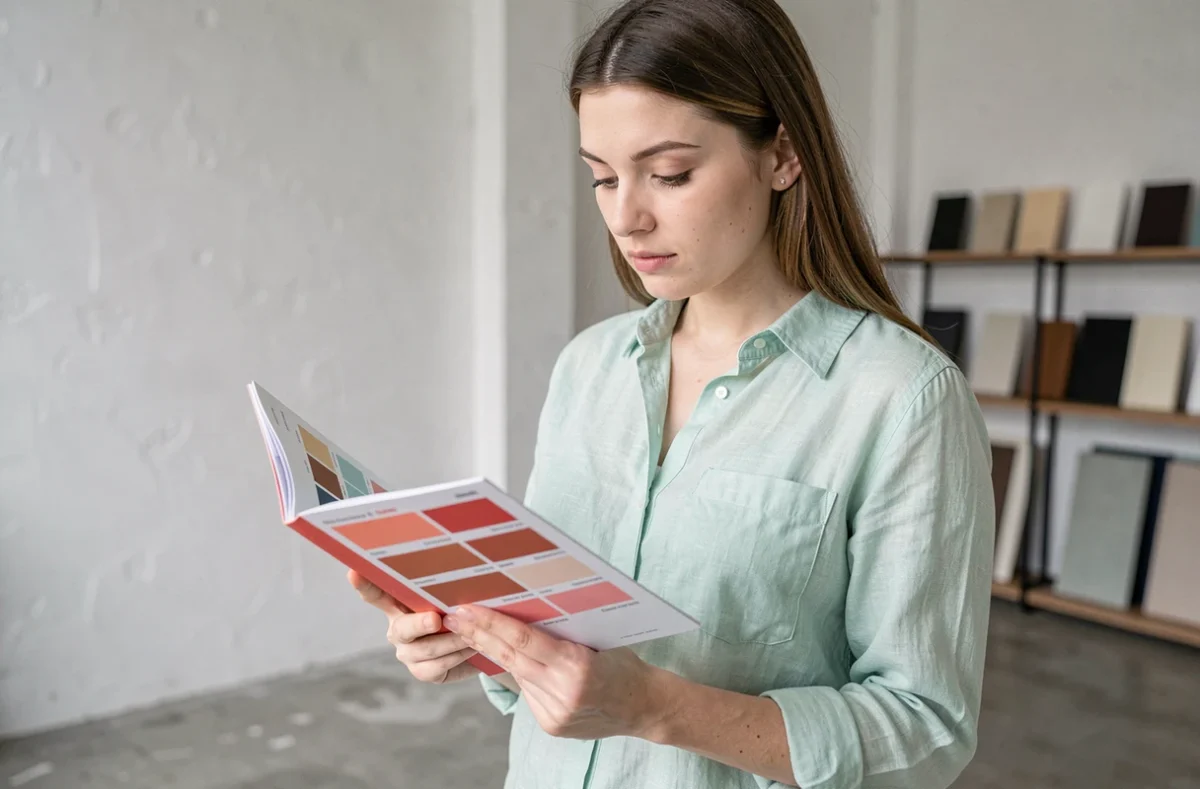 Jeune femme tenant un nuancier vert d'eau et couleur complémentaire dans un studio de design d'intérieur minimaliste