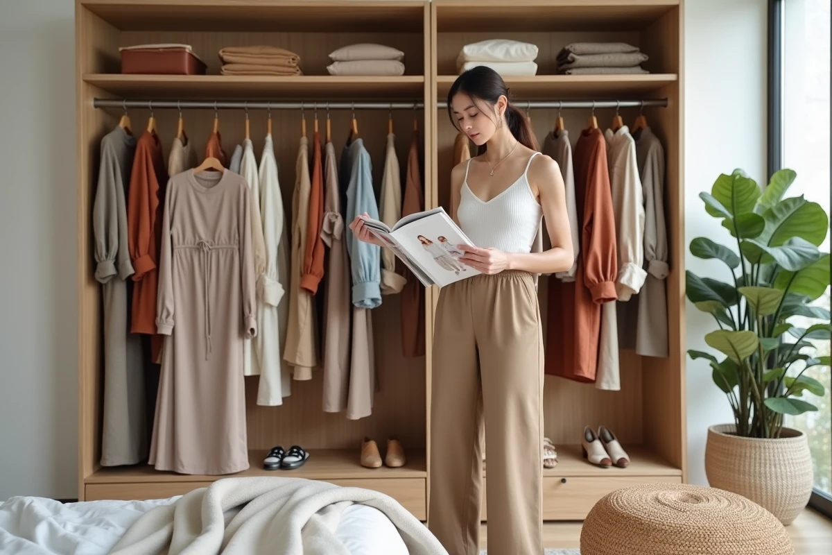 Femme devant une penderie capsule organisée tenant un magazine mode, dans une chambre contemporaine minimaliste aux tons naturels