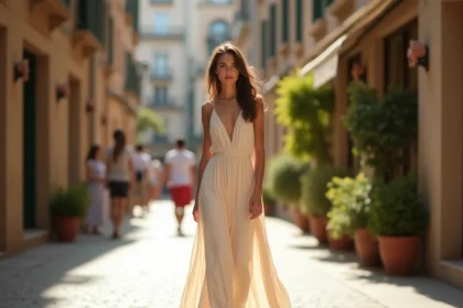 Femme petite en robe longue ivoire portant des sandales à talons bloc nude pour paraître plus grande dans une rue pavée